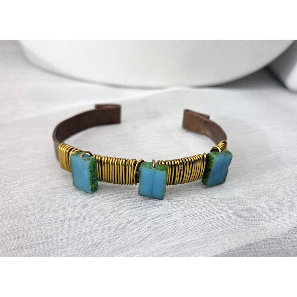 Copper Wire Wrapped Cuff Handmade Artisan Metal Bracelet Turquoise Beaded Design